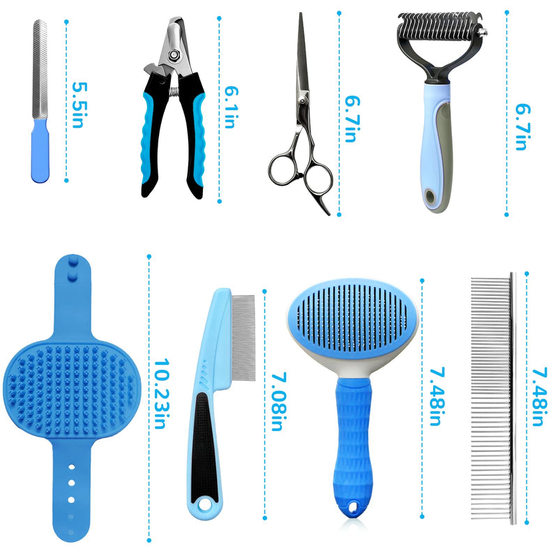 Dog Brush & Grooming Kit – 9-Piece Pet Brush & Deshedding Set for Shedding, Bathing, Trimming & Nail Care | Grooming Tools for Dogs & Cats, Includes Comb, Nail Clipper, Scissors, Slicker Brush (Blue) 9 PACK Blue - PawsPlanet Australia