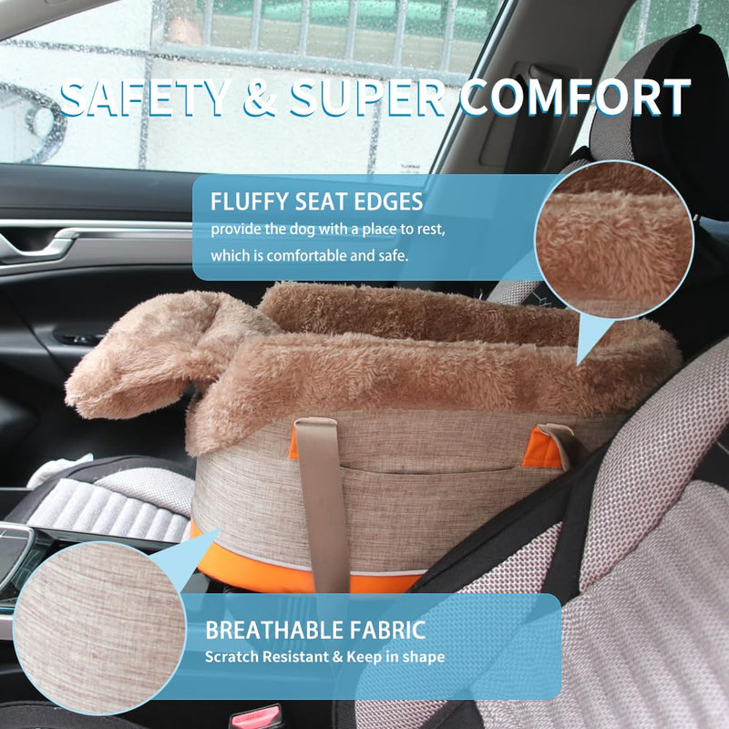 Pet Car Center Console Elevated Armrest Car Seat for Small Puppies, Dogs & Cats (Up to 10 lbs) – Khaki Washable Plush Carrier with Safety Leash, Fits Front Vehicle Console Space - PawsPlanet Australia