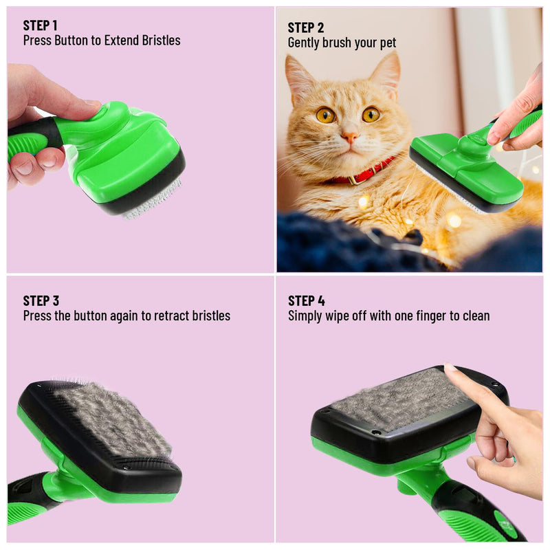 Self Cleaning Slicker Brush for Cat and Dog Coat - Detangler Dog Brush for Shedding & Grooming - Super Easy to Clean Deshedding Grooming Tool Removes Loose Pet Hair, Mats and Tangles (Green) Green - PawsPlanet Australia
