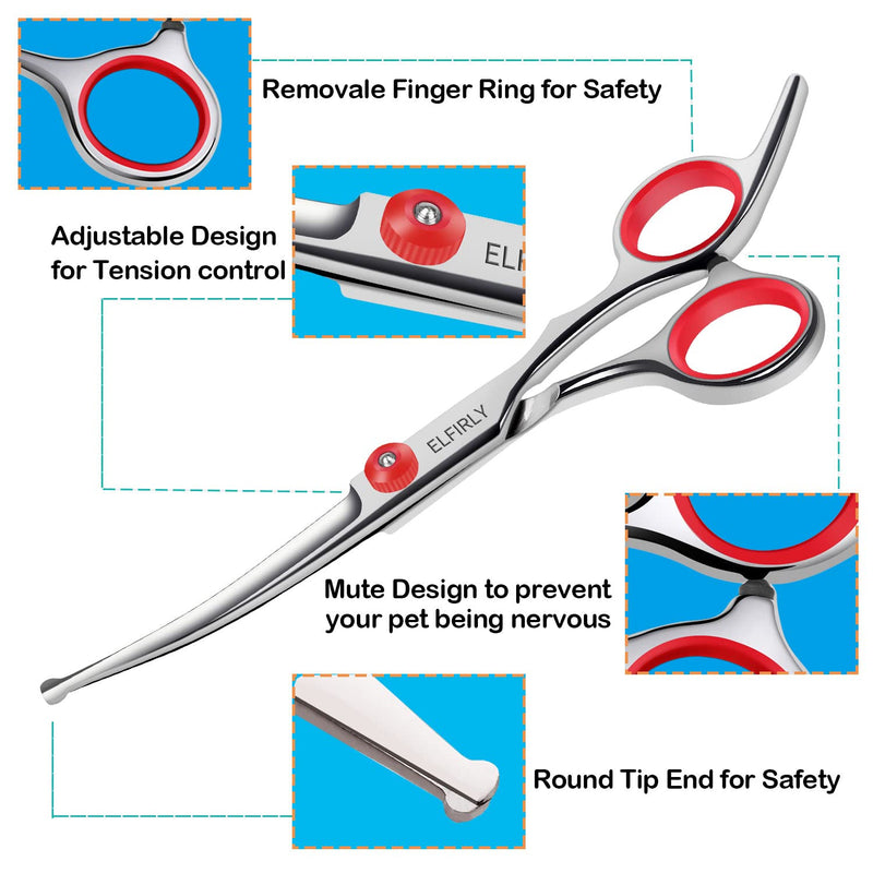 Dog Grooming Scissors Set with Safety Round Tip (2 Pack - Curved Scissors Thinning Shears for Grooming) Pet Grooming Shears with Grooming Comb for Dogs and Cats Red