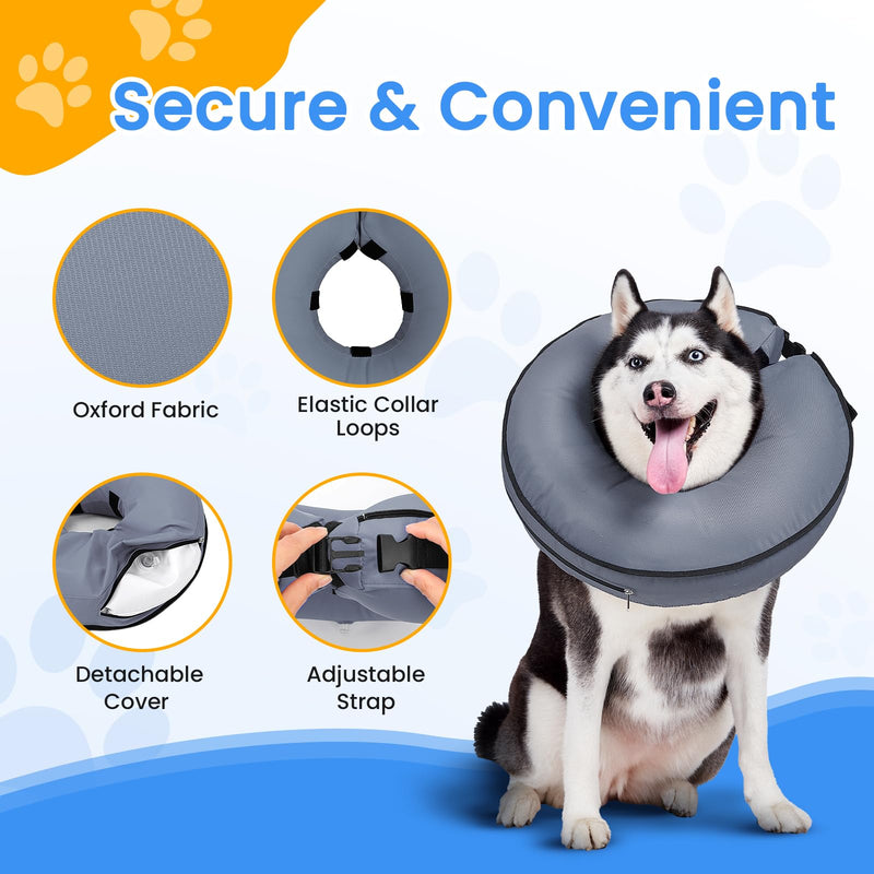 BARKLESS Inflatable Cone for Large Dogs, Soft Dog Donut Collar After Surgery to Stop Licking, Large Inflatable Collar with Clear Anti-Licking Shield, Cone of Shame Alternatives XL Grey