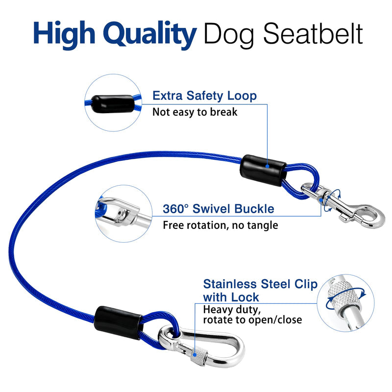 Pawaboo DogSeatbelt, Chew-Proof Leash Extender, Coated Steel Rope Restraint Car Safety Seat Belt Clip Strap, 360° Rotation Hook Heavy Duty Carabiner Steel Cable, 26 Inch, 2 Pack, Black + Blue - PawsPlanet Australia