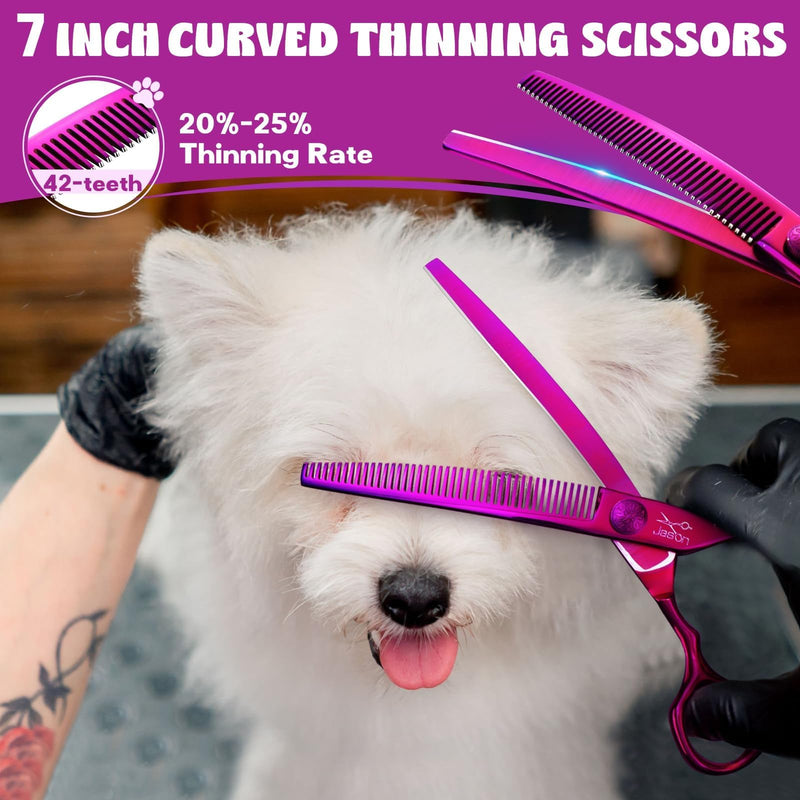 JASON Dog Grooming Scissors Set - Professional 6 in 1 Dog Shears Set - 7" Curved Thinner, 7" Straight, 7" Up-Curved, 7" Down-curved Scissors and Comb for Dog Cat Pet with Adjustable Screw Curved Thinner Set - PawsPlanet Australia