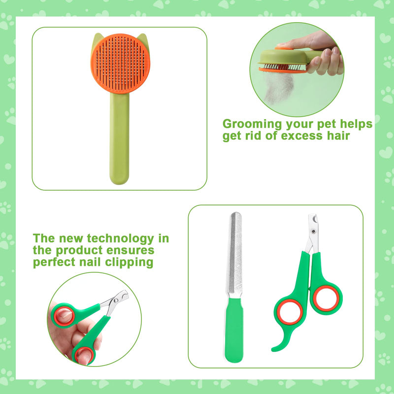 VCZONE 8 Pcs Cat Brush Grooming Kits, Pet Self Cleaning Kit with Pet Nail Clipper and File, Flea Comb, Pet Shampoo Bath Brush, Pet Shedding Brush, Silicone Toothbrush (Green) Green - PawsPlanet Australia