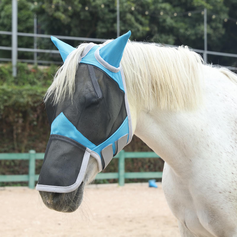Horse Fly Mask with Ears & Long Nose Cover | Forelock Opening for Tangle-Free Mane Care | UV Protection & Breathable Mesh | No Rub Fit and Enhanced Visbility for Trail Riding Paleblue Cob Pale Blue
