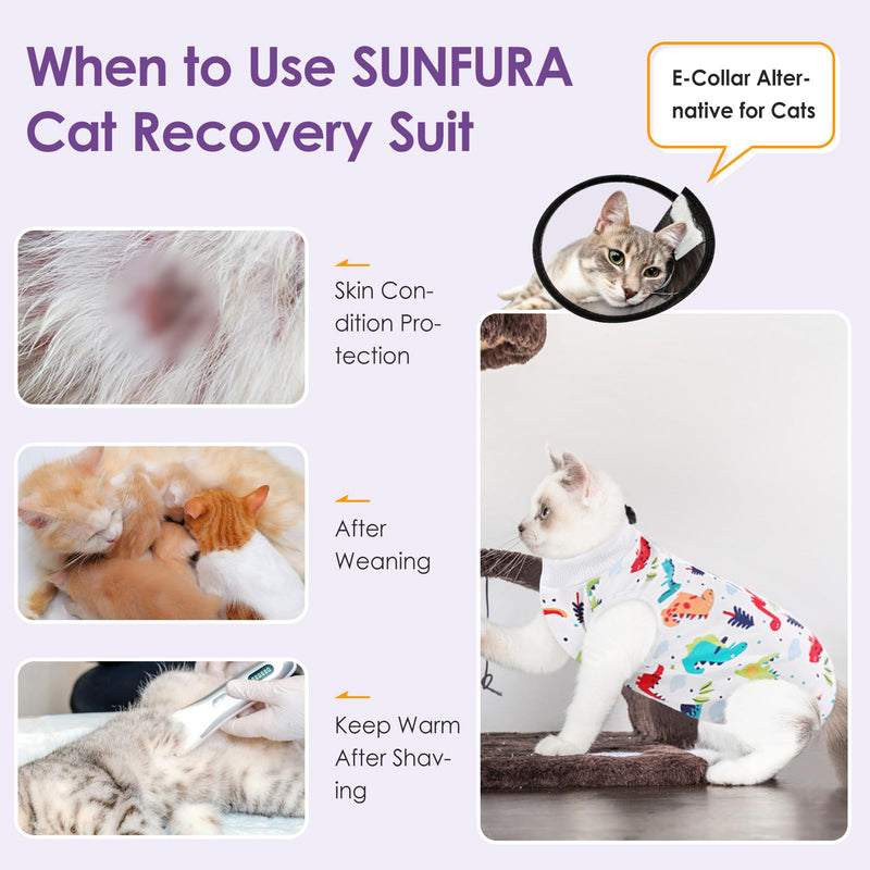 SUNFURA Cat Recovery Suit, Kitten Surgical Full Bodysuit for Abdominal Wound Protector Anti Licking After Surgery, Professional Bandages Cone E-Collar Alternative for Small Male & Female Pets Medium Colorful Dino - PawsPlanet Australia