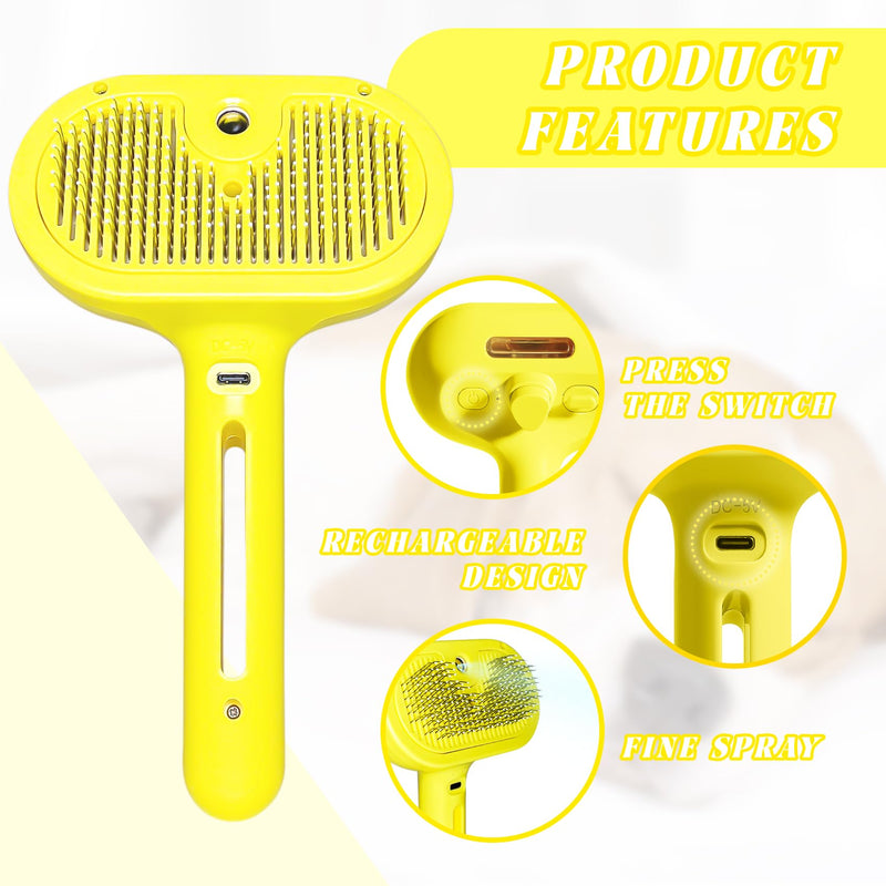 QOQ Self-Cleaning Spray Cat Brush for Shedding, Removes Static Flying Hair, and Works Wonders for Both Long and Short-Haired Pets 2 In 1 Cleaning Brush for Cats And Dogs Grooming (Yellow) Yellow - PawsPlanet Australia