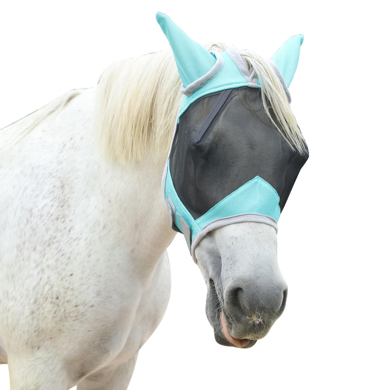 Horse Fly Mask with Ears, Equine Mesh Mask with UV Protection Face Cover, Turquoise, Full Full (Large)