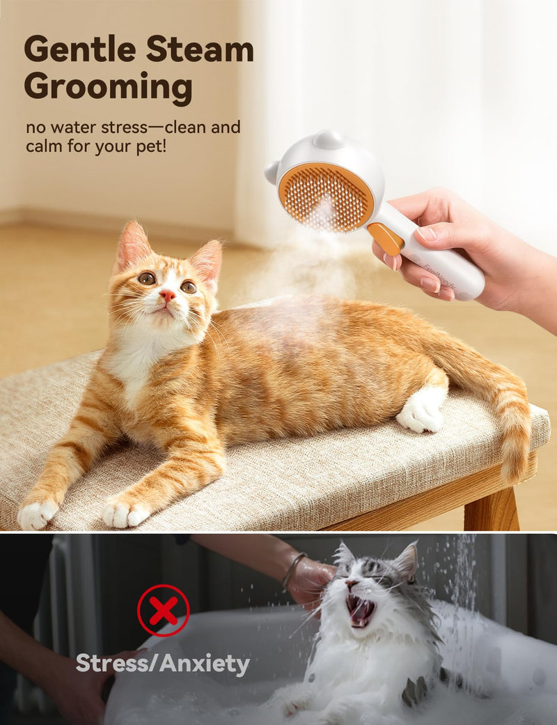 Pet Steam Brush for Dogs & Cats , Brushes for Indoor Cats with Release Button, Dual Speed Spray USB Rechargeable Grooming Supplies, Dog Brush for Shedding Suitable for All Long- and Short-haired Pets Orange