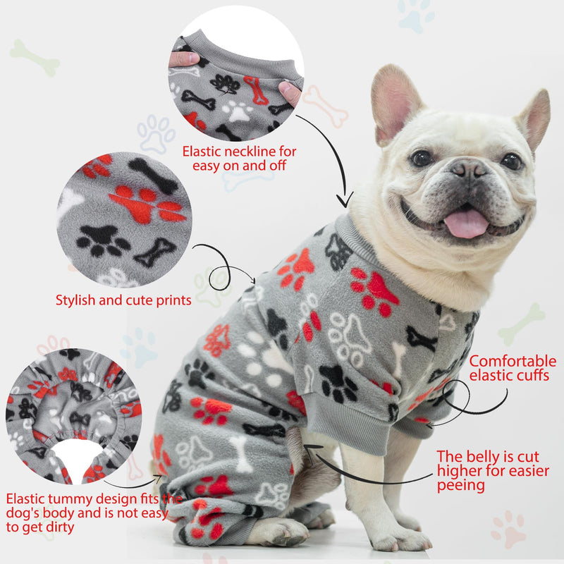 SCENEREAL Fleece Dog Pajamas for Small Medium Large Dogs, Warm Soft Puppy Jumpsuit, Adorable Bones Paw Print Pet Sweaters Clothes, Doggy Pjs Cat Coat for Boy Girl Grey(Bones & Paws) - PawsPlanet Australia