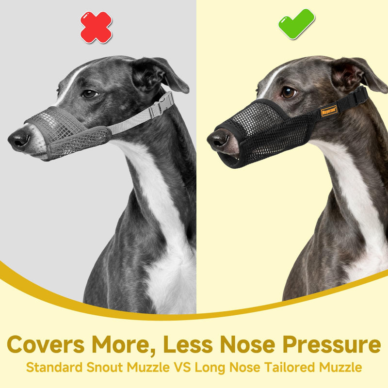 Mayerzon Greyhound Whippet Dog Muzzle, Soft Mesh Muzzle for Long Nose Dogs to Prevent Excessive Biting Chewing Eating, Suitable for Grooming Walking Vet Visits, Allowing Drinking Breathing (Black, L) Black L [Snout Cir: 8.25-9.5"] - PawsPlanet Australia