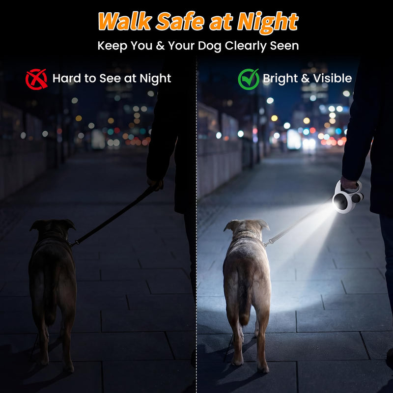 Retractable Dog Leash with USB Rechargeable LED Light, 16 ft Heavy Duty Dog Lead with Poop Bag Holder & Chew Proof Cable, Leash for Small Medium Large Dogs, White - PawsPlanet Australia