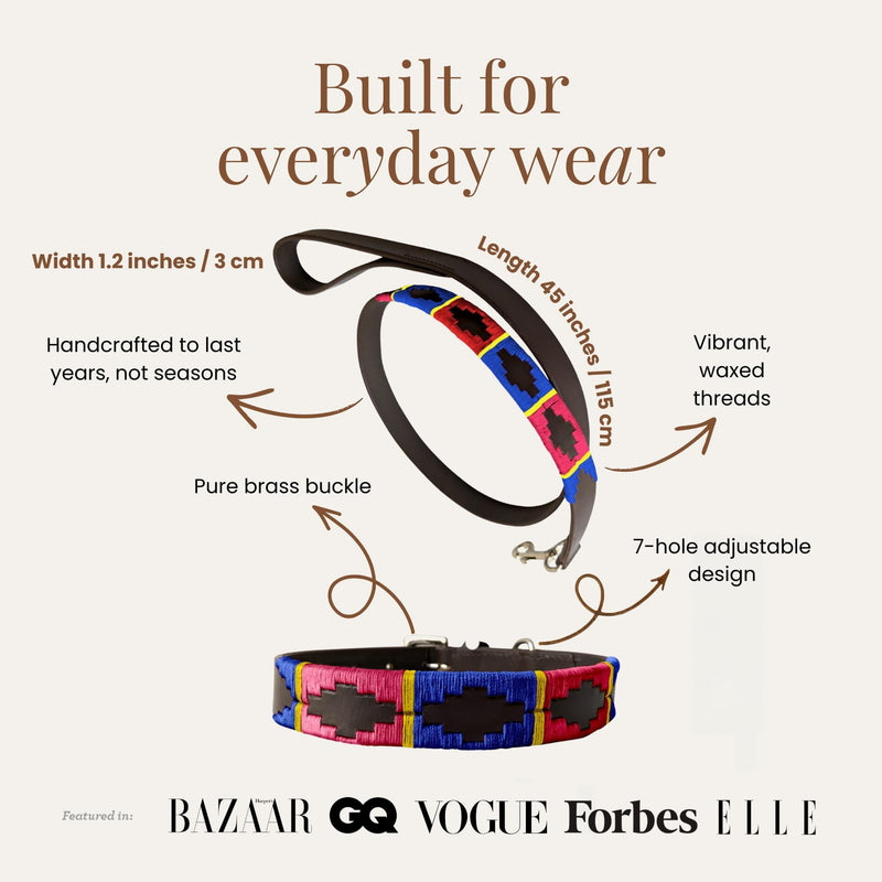 Carlos Diaz Genuine Leather Waxed Embroidered Polo Dog Collar + Free Matching Lead M