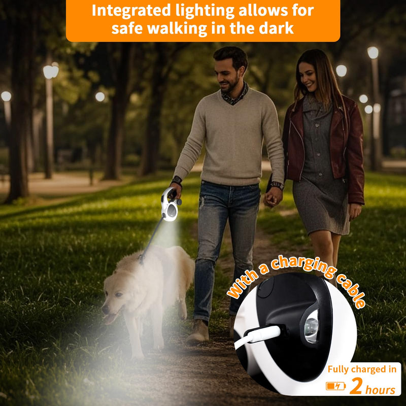 Retractable Dog Leash with USB Rechargeable LED Light, 16 ft Heavy Duty Dog Lead with Poop Bag Holder & Chew Proof Cable, Leash for Small Medium Large Dogs, White - PawsPlanet Australia