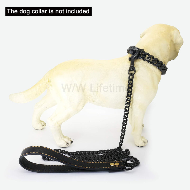 Black Chain Dog Leash - Heavy Duty Metal Chew Proof Leash with Leather Padded Handle for Large Medium Dogs (11MM, 4.5ft) Black - PawsPlanet Australia