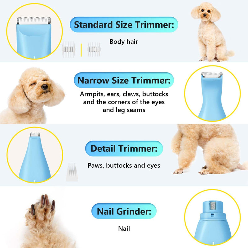 SUPRENT Dog Grooming Kit, 4 in 1 Quiet Pet Clippers for Grooming Supplies, Cordless Cat Paw Trimmer Dog Nail Grinder, Professional Long Hair Shaver Set for Cat Matted Hair and Small Dogs Blue - PawsPlanet Australia