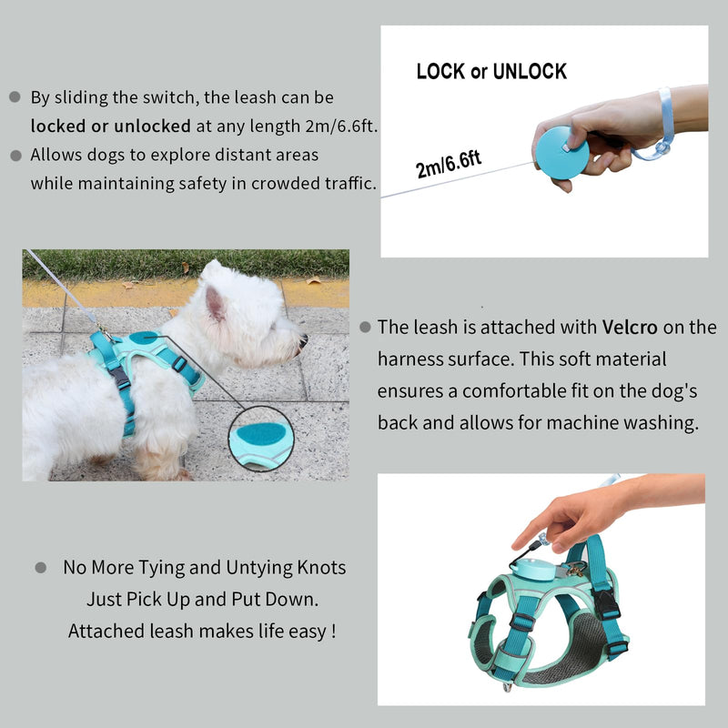 Dog Harness for Small Dogs up to 16lbs, 3-in-1 No Pull Lightweight Harness with 6.6ft Retractable,Wearable Leash Set,Front Clip,Handle,Reflective Dog Vest with Patch,Wrist Strap,Free Hand Leash-Blue XSmall (10-16lb) - PawsPlanet Australia