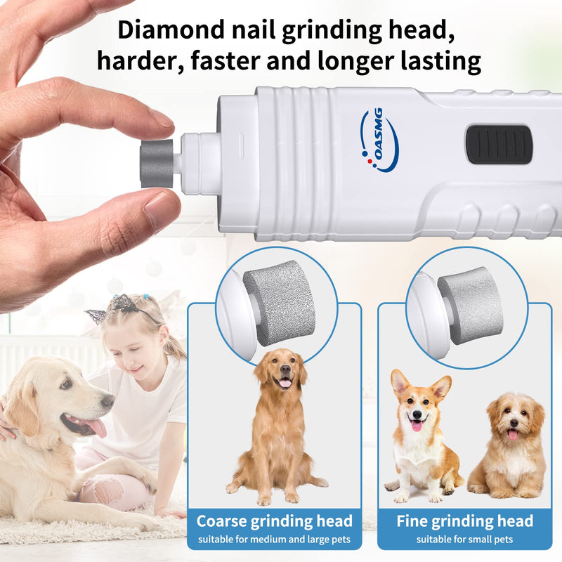 Dog Nail Grinder Professional Pets, 3-Speed Electric Quiet Dog Nail Grinder, Rechargeable Dog Nail Trimmers - with 2 LED Lights/2 Grinder Wheels, for Small, Medium, Large Dogs (White) White