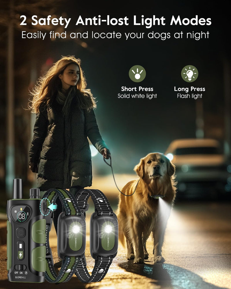 SLOPEHILL Dog Shock Collar,4200FT Dog Training Collar with Remote,IPX8 Waterproof E-Collar with Beep,Vibration,Shock,Flashing Light,No Shock Model,Electric Shock Collar for Dogs,Green 2PCS Green - PawsPlanet Australia