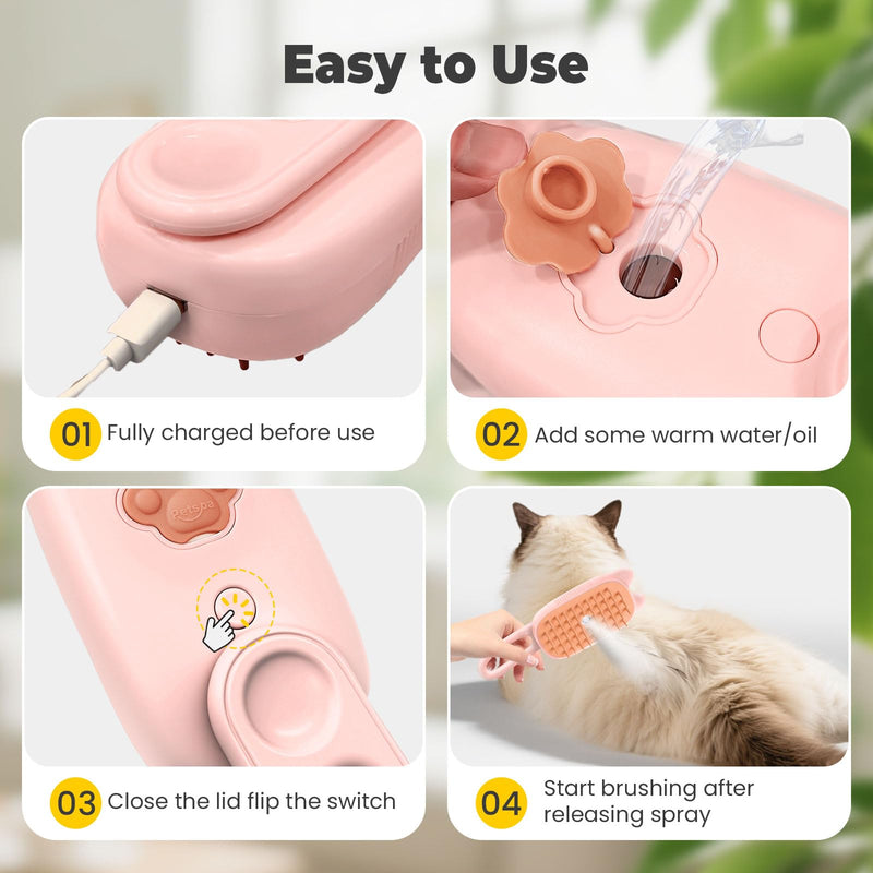 Cat Steam Brush for Shedding, 4 in 1 Rechargeable Steam Brush for Cats and Dogs, Anti-Static, Massage, flea comb for cats& Pet Removal Hair Glove,Shedding & Combing All In One!(Pink) Pink