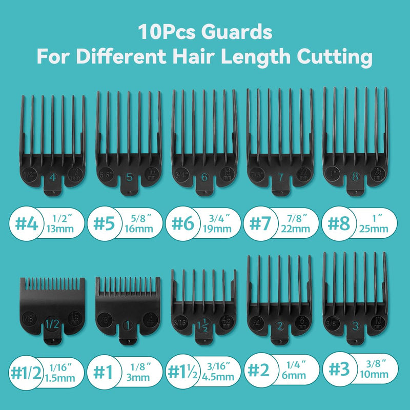 Clipper Guards Set Compatible with Most Wahl Clippers with Holder, Clipper Guides Replacement - 1/16" to 1", 10 Piece Set, Black Color