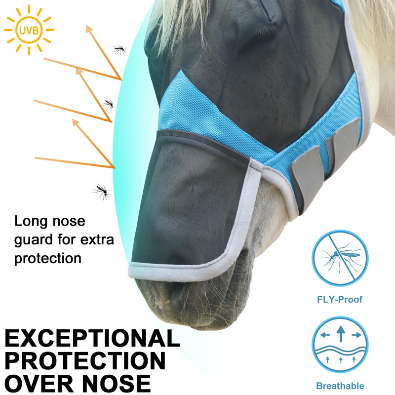 Horse Fly Mask with Ears & Long Nose Cover | Forelock Opening for Tangle-Free Mane Care | UV Protection & Breathable Mesh | No Rub Fit and Enhanced Visbility for Trail Riding Paleblue Cob Pale Blue