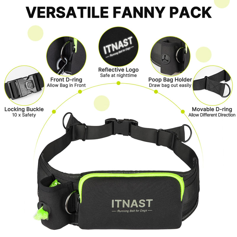 Hands Free Dog Leash for Medium Large Dogs, Waist Support Padded Bungee Dog Running Leash with Reflective Stitching for Walks, Jogging, Running, Hiking, and Dog Training for One Dog Black/Green - PawsPlanet Australia