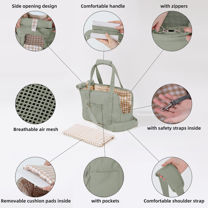 Pet Dog Casual Crossbody Bag, Hands-Free One Shoulder Soft Edged Pet Bag, Fully Open Sunroof Cover with Mesh Window and Large Front Pocket, Pet Carrier Purse for Small Dog Cat?Can Hold 10 Pounds? Green-2