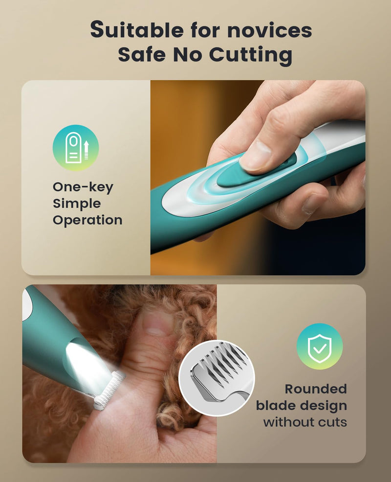 oneisall Low Noise Dog Paw Trimmer with LED Light, Paw Trimmer for Dogs 0.8inch/20mm Widen Blade, 35dB Cordless Electric Pet Paw Grooming Clippers for Paws, Ears, Face, Rump (Green) Green - PawsPlanet Australia
