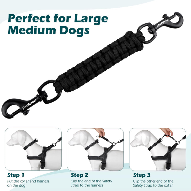 PetBonus Dog Collar Safety Clip, Handmade Backup Safety Strap for Dog Harness, Prong, Pinch Collar, Double Ended Clasp Leash Connector (Black) Black - PawsPlanet Australia
