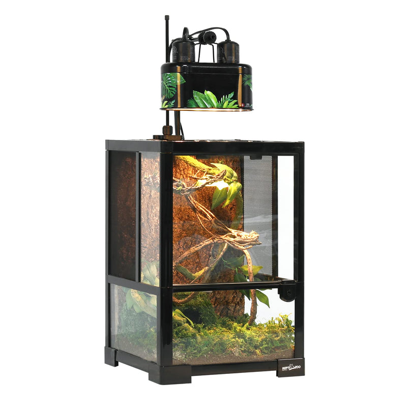 REPTI ZOO Nano Combo Print Tropical Desert Reptile Dual Deep Dome Lamp Fixture for Reptile Max 40 Watts Max Bulb Height 4 in Per Socket UVB Light Fixture Dual Lamp Cap Combo Integration Design - PawsPlanet Australia