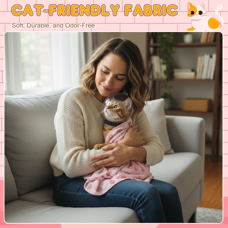 Chunful Cat Muzzle for Grooming, Cat Helmet and Wrap for Cutting Nails, M Size Adjustable Mask, 27.6" Anti-Escape Calming Swaddle Cloth, Bathing Shaving Anti-Scratch Pet Tools(Strawberry) Strawberry