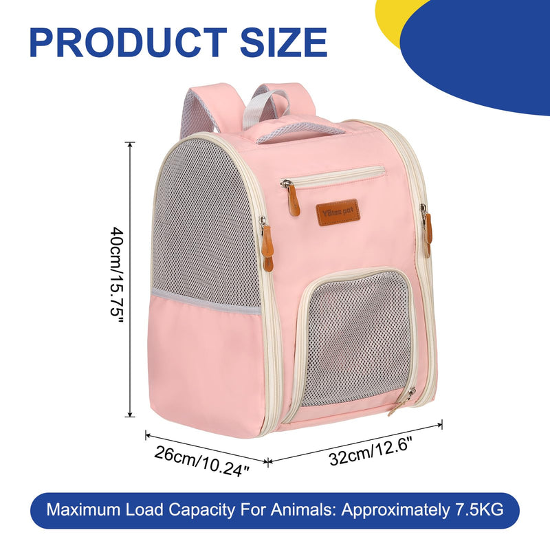 Pet Backpack Carrier, Portable and Ventilated, Oxford Cloth, Dogs Cats and Little Animals Travel Bag 12.6" Up to 16.5 Lbs, (Pink), Intended for Hiking/Camping/Traveling Pink - PawsPlanet Australia