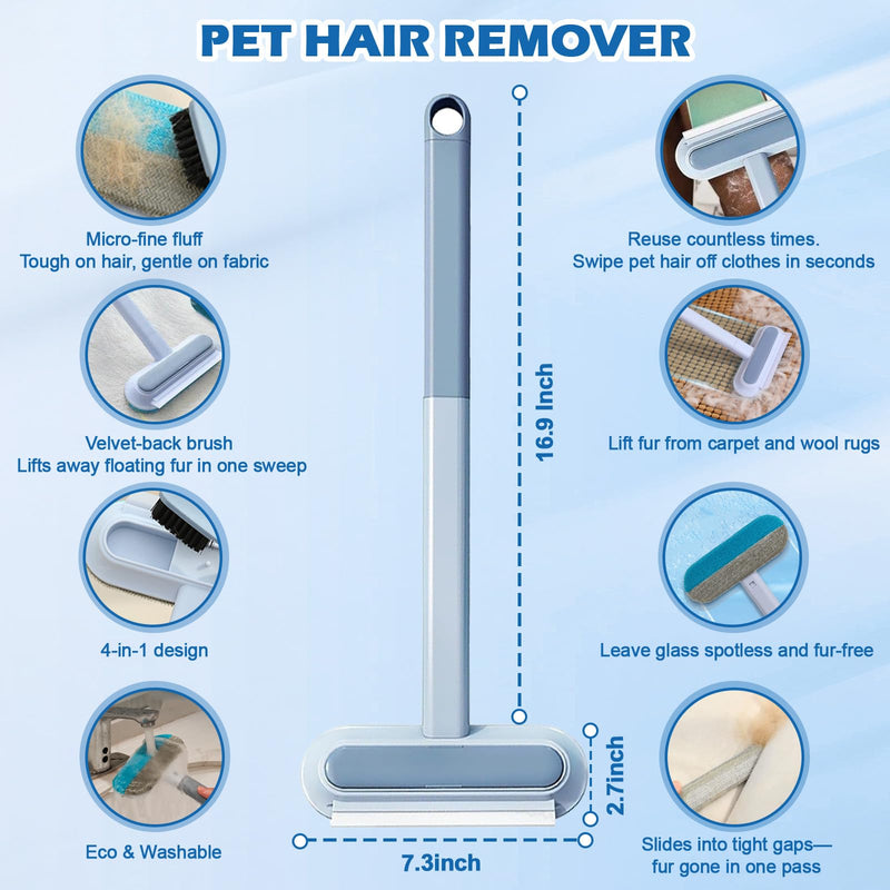 Pet Hair Remover for Couch, Furniture & Car Seats - Reusable Lint Roller for Dog and Cat Hair Removal on Clothes, Carpet, Bedding - Eco Friendly, No Sticky Refills, with Long Handle & Squeegee - PawsPlanet Australia