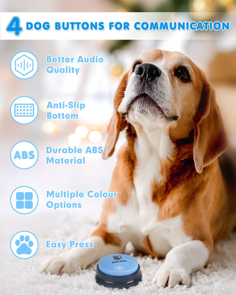 Dog Buttons for Communication, 4 Dog Talking Button Set, Speaking Buttons for Cats and Dogs, 30s Voice Recordable Pet Training Buzzer with Waterproof Dog Activity Mat and 24 Scene Stickers 4Pack - PawsPlanet Australia