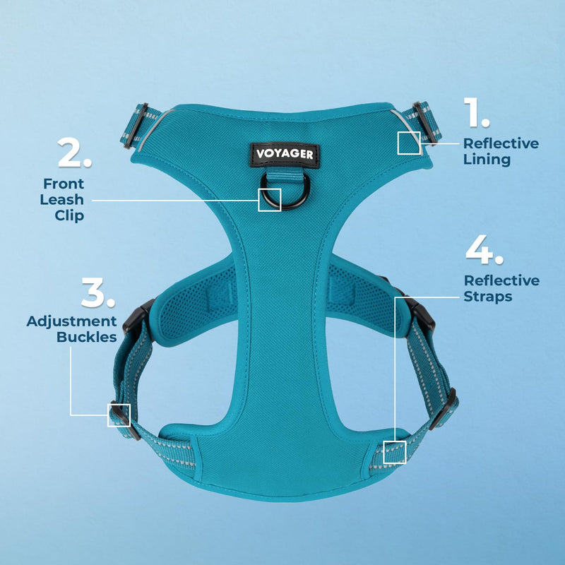 Voyager Dog Harness Dual Leash Attachment No-Pull Control Adjustable Soft but Strong Pet Harness for Medium and Large Dogs with 3M Reflective Technology - Turquoise, M (Chest: 20 - 25") M (Chest: 20 - 25") Harness (Turquoise Nylon)