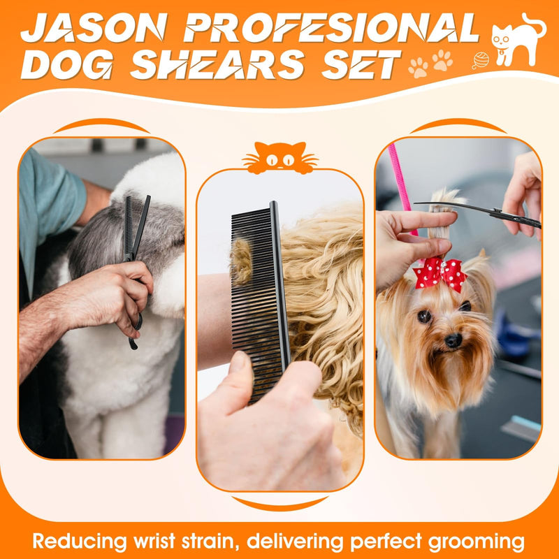 JASON Dog Grooming Scissors Set Professional 6 in 1 Dog Shears Kit - 6.5" Thinning, 7" Straight, 7" Up-Curved, 7" Down-curved Shears and Comb for Cat Pet with Adjustable Screw (Black) Christmas Black - PawsPlanet Australia