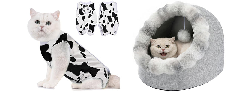 Avont Cat Recovery Suit for Post-Surgery Bundle with Cat Bed Cave for Indoor Cats