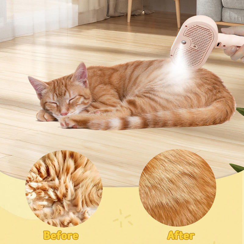 Cat Steam Brush for Grooming, Magic Wand for Pet Hair, Dog Steam Grooming Brush, 3 in 1 Massage Brushes with Handle, Suitable for Most Long and Short-Haired Pets, with a Flea Comb Pink