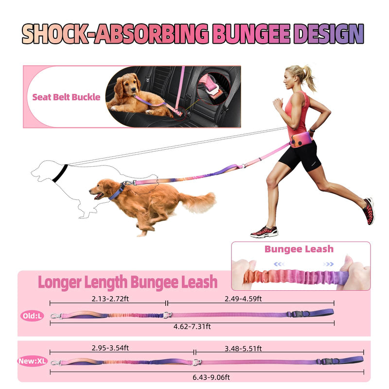Roses&Poetry Hands Free Dog Leash with Zipper Pouch, 6-9ft Bungee Waist Leash for Medium Large Dogs Walking, Running Lead with Dual Padded Handles Car Safety Buckle for Training Jogging Mistyrose (XL) 6-9FT With Zipper Pouch, 2 Handles - PawsPlanet Australia