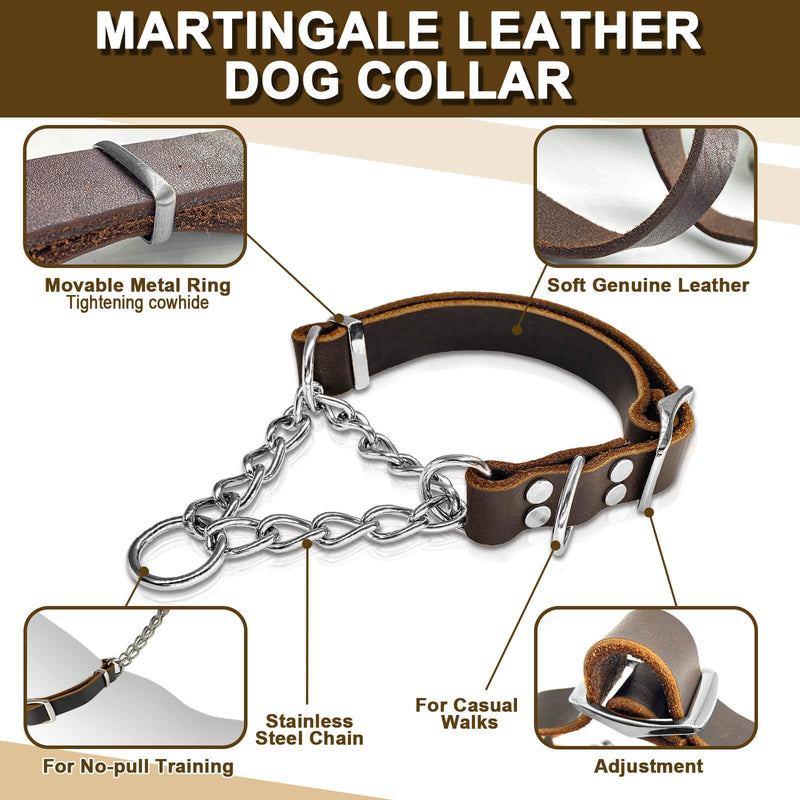 Leather Martingale Dog Collar, Soft Genuine Cowhide Handmade Assembled Stainless Steel Chain Martingale Collar Adjustable for Medium Large Dogs Pets. (L, Neck 20-25"(Martingale)) L, Neck 20-25"(Martingale)