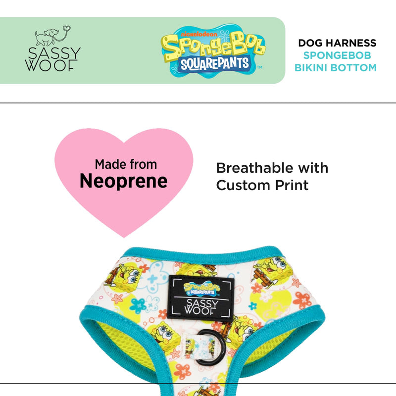 Sassy Woof Dog Adjustable Harness - Spongebob Squarepants™ Bikini Bottom - S, Breathable Mesh, No Pull Design with Two D-Rings, Perfect for Small Dogs and Puppies - Officially Licensed