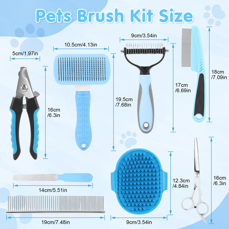 Cat Grooming Brush, 9PCS Dog Brush Kit with Pet Nail Clipper and File, Deshedding Brush for Cats, Cats Dog Shedding Brushs for Small Large Pets, Includes Flea Comb, Bath Brushs,Undercoat Rake (Blue) Blue - PawsPlanet Australia