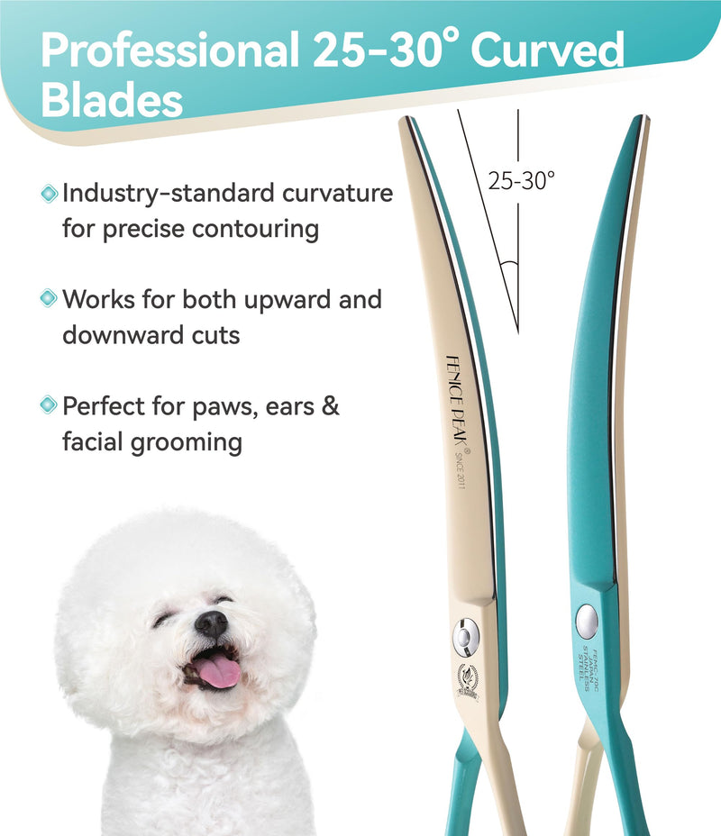 Fenice Peak Curved Dog Grooming Scissors with Coating 440C Stainless Steel, 7 inch Professional Curved Shears Dog Grooming，25 Degree of Curved Blade，Pet Shear for Trimming Face and Paws, Green & White 7" Green&white - PawsPlanet Australia