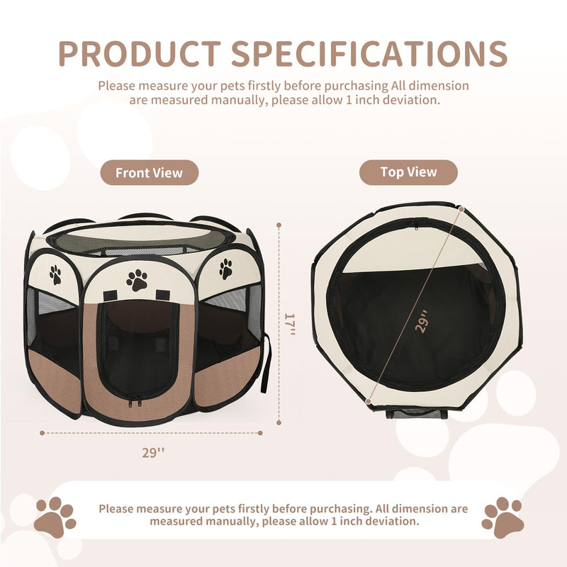 Dog playpen, Foldable Puppy Playpen, Pet Playpen Carrier Pop Up Tent 8-Panel Mesh Cover Adorable Design 600D Soft Oxford Playpen Kennel for Indoor-Outdoor Dog Cat Rabbit. (M 35" 35" 24", Brown) M 35" * 35" * 24" - PawsPlanet Australia