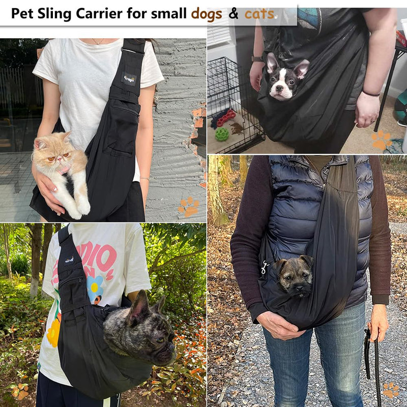 NATUYA Dog Sling Puppy Carrier Hand Free Doggie Adjustable Shoulder Strap Pet Walking Bag Cat Carrier with Zip Pocket Safety Belt Protective Mesh for Outdoor Subway Travel (Black Waterproof) Black Waterproof