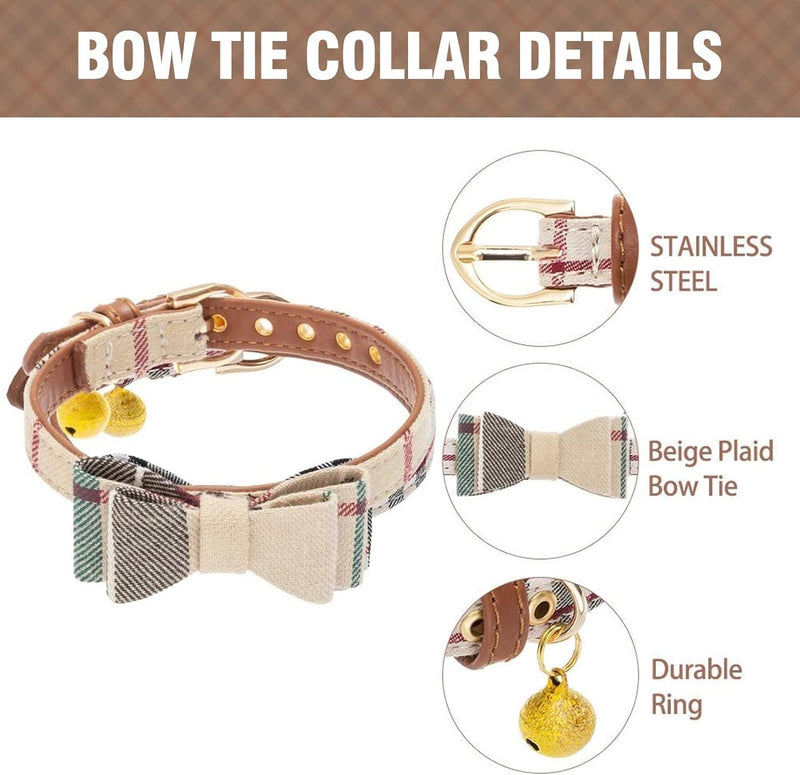 KOOLTAIL Small Dog Collar and Leash Set with Bowtie and Bells - Cute Puppy Bandana Collar and Leash with Classic Plaid Pattern, Soft Leather Tangle Free Leashes for Small Boys Girls Dogs,Cats,Beige XS X-Small((Neck Girth 8"-10") Beige