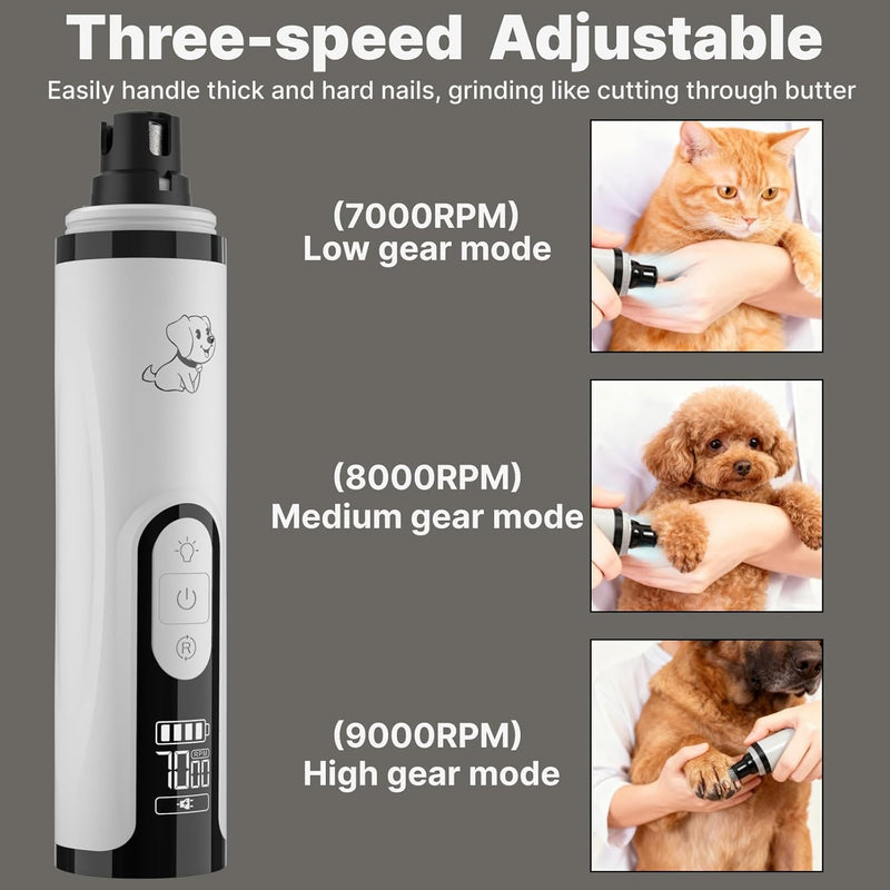 Silent Groom Pro Dog Nail Grinder -Professional Cat & Dog Nail Trimmers with light & 3 Speeds, Pet Nail Grinder Quiet and Painless Paws Grooming, Suitable for Small Medium Pets (2 Replacement Head) White - PawsPlanet Australia