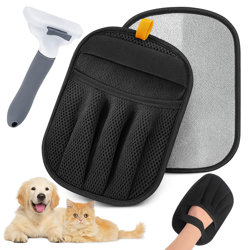 Pet Hair Removal Glove 2 Pack - Electrostatic Cat Hair Remover for Couch Furniture | Dog Hair Remover Magic Brush Reusable | Pet Hair Remover for Clothes Laundry Carpet Car Seat [with Grooming Brush] - PawsPlanet Australia