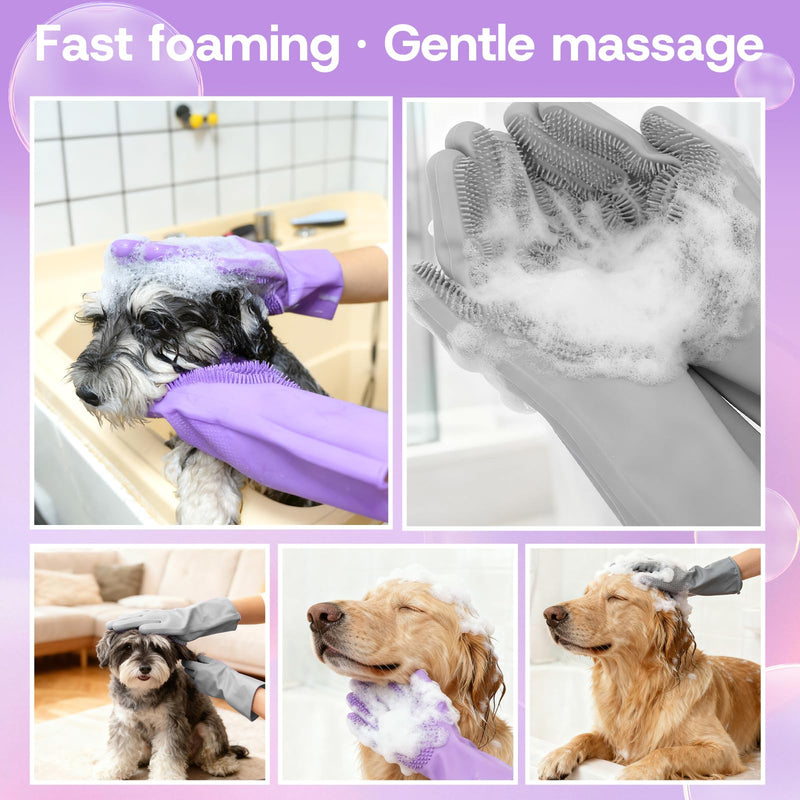 2-Pair Pet Hair Remover Glove for Dogs and Cats Washing, Grooming, & Deshedding – Multipurpose Silicone Dog Bath Gloves, Cat Brush Glove Mitt for Pet Cleaning & Household Use (Purple & Grey) Gray and purple two-tone